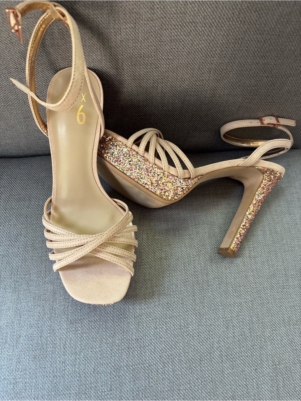 Mix No. 6 Nude Strappy Heels with Multicolor Glitter Heel